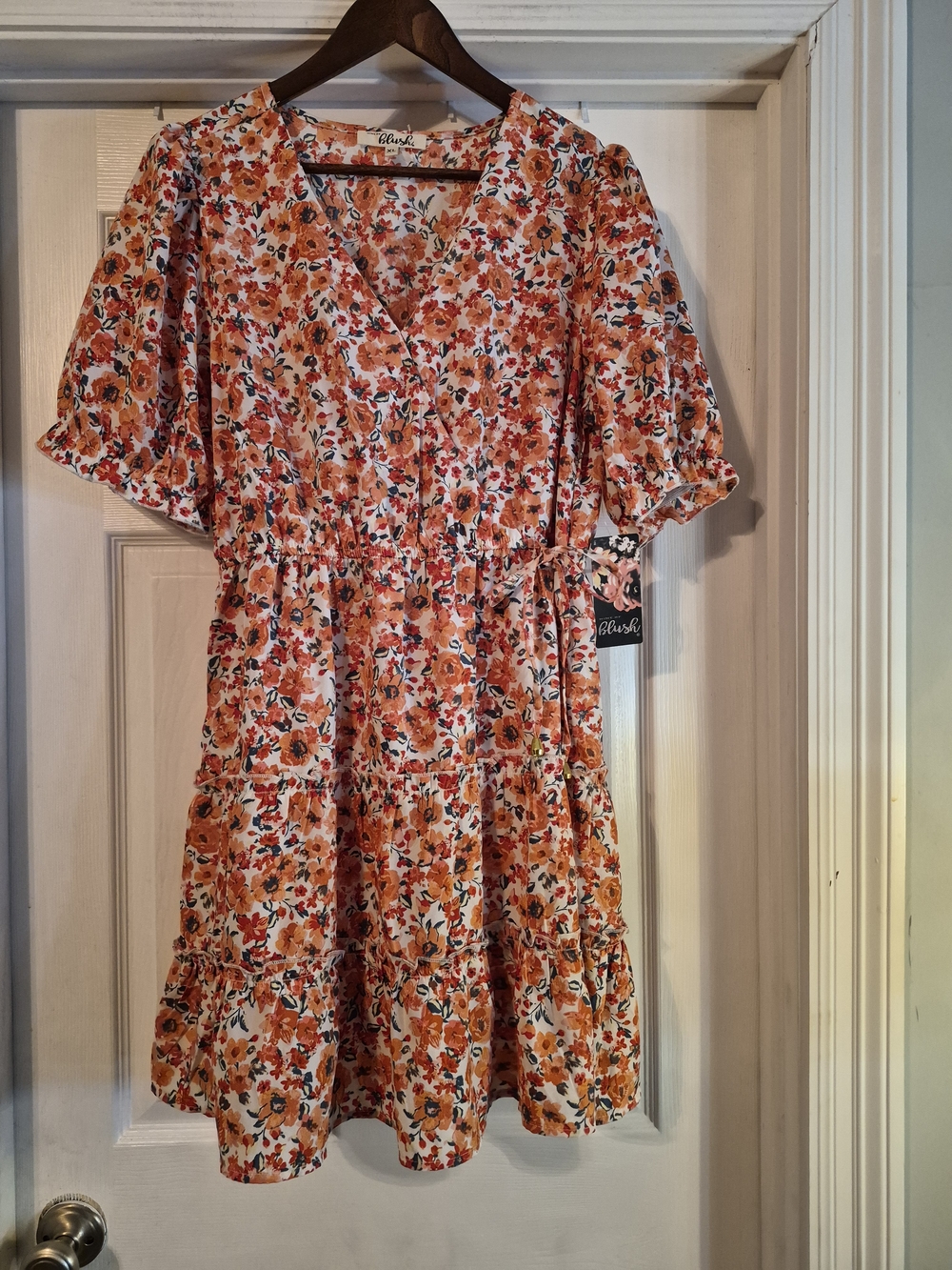 Hint Of Blush Orange Floral V-Neck Tiered Dress XL NWT